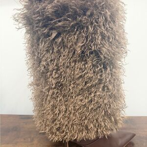 Faux Curly Shearling Knee-High Boots in Taupe